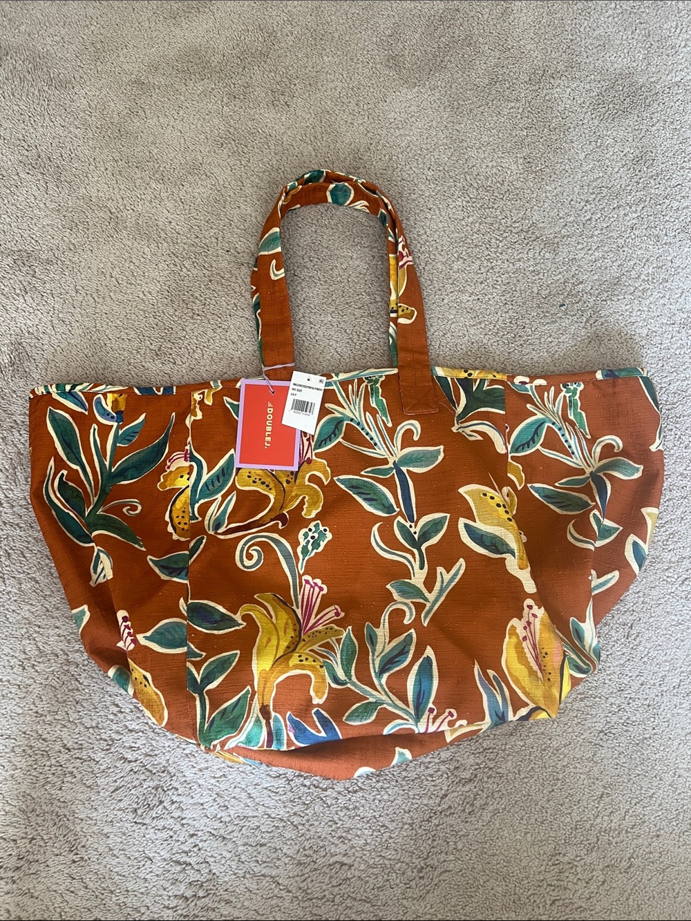 LA DoubleJ Rust Floral Canvas Tote with Green and Yellow Accents
